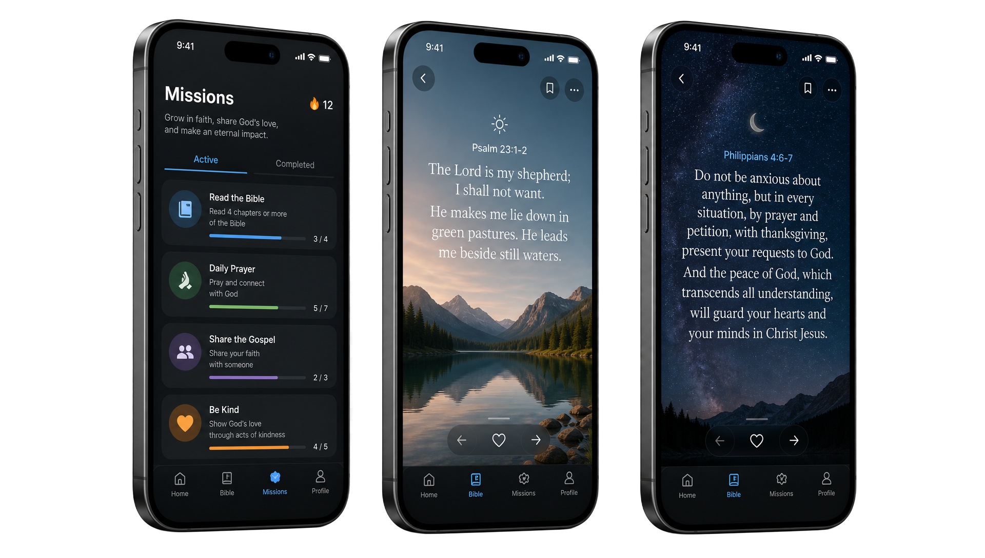 Bible App running on three iPhones